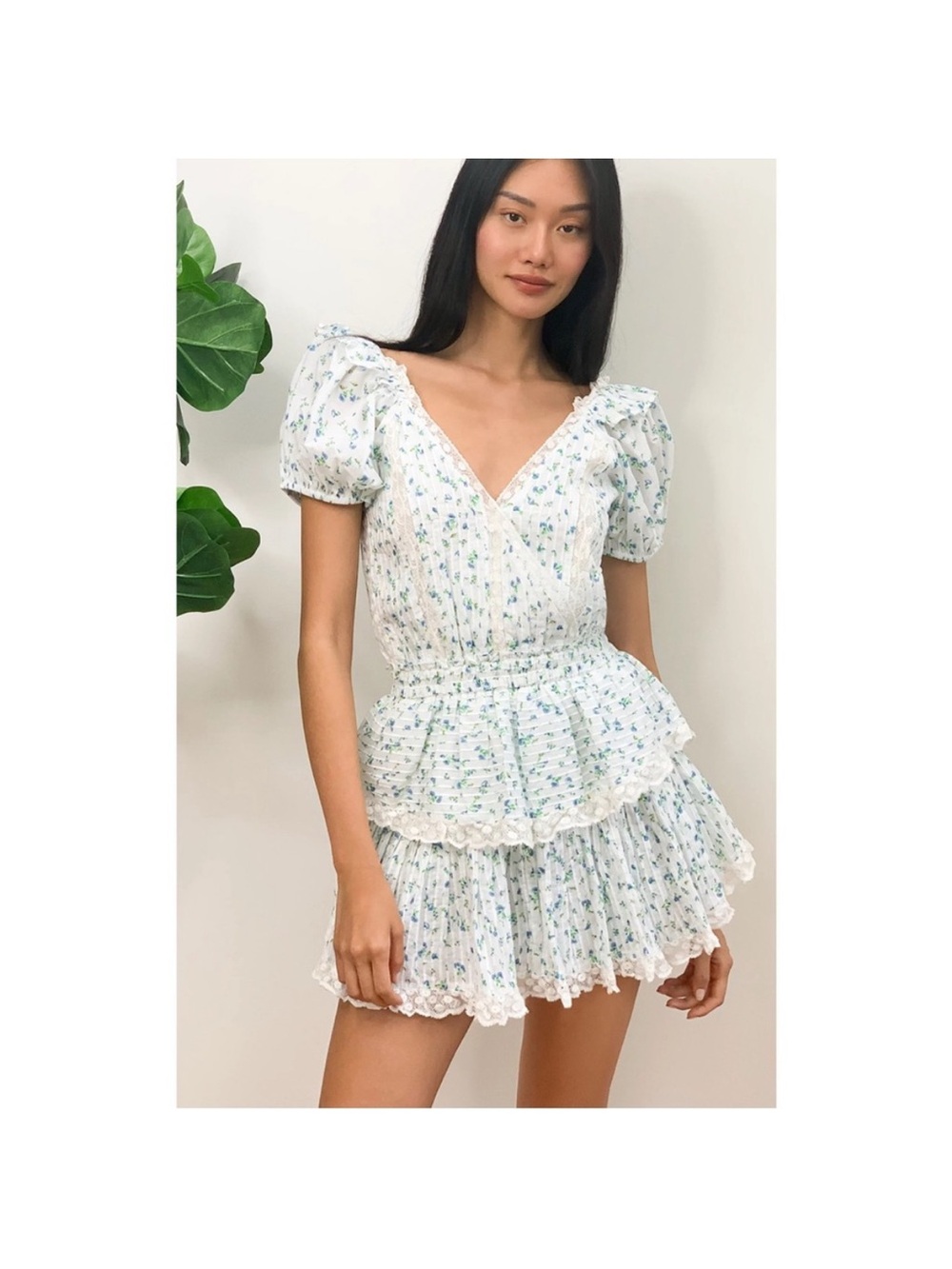LoveShackFancy Carlo White Blue Floral Lace Cotton Tiered Ruffle Mini Dress M